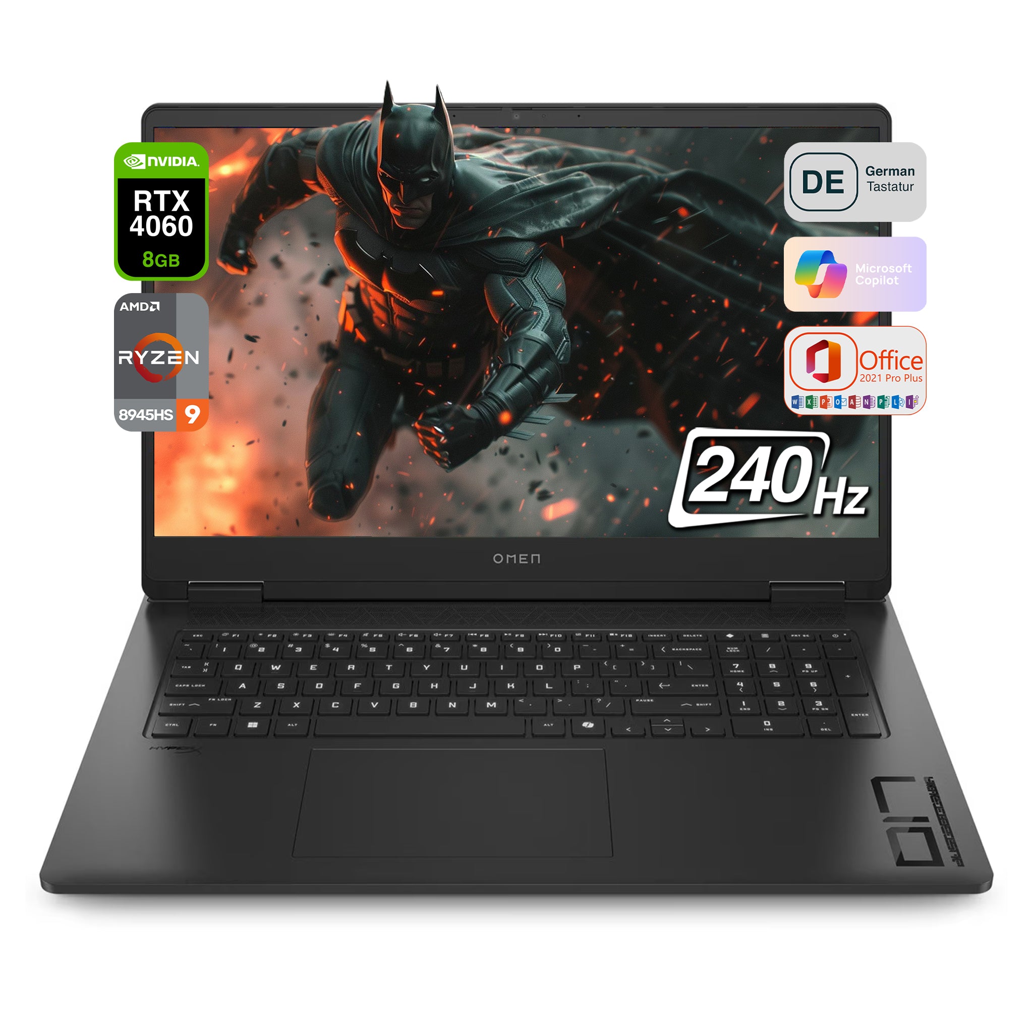 HP OMEN Gaming Laptop, Ryzen 9 8945HS, 17.3" QHD, RTX4060, RGB QWERTZ, W11Home, Office 2021