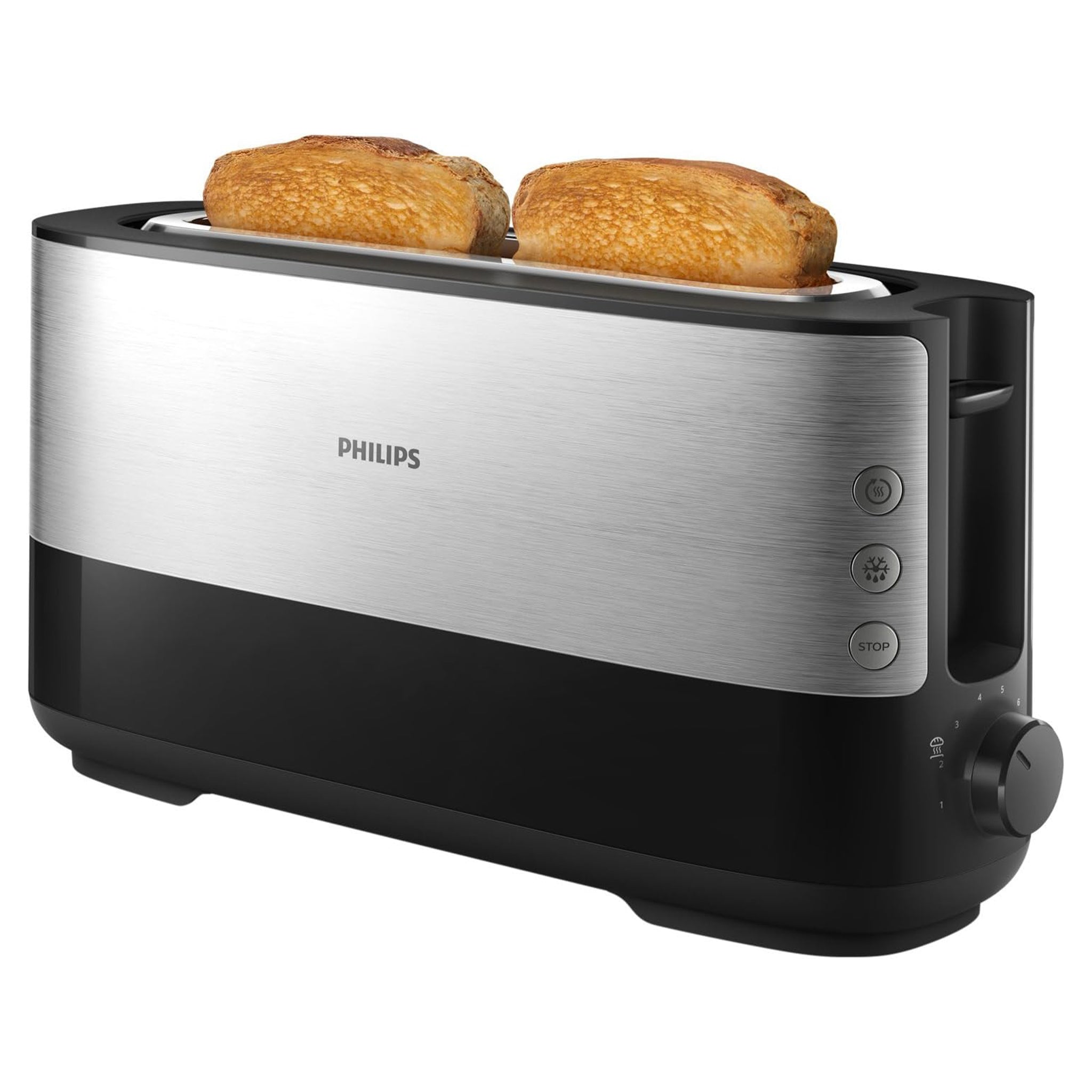 Philips Langschlitztoaster (Edelstahl) 8 Bräunungsstufen, Brötchenaufsatz