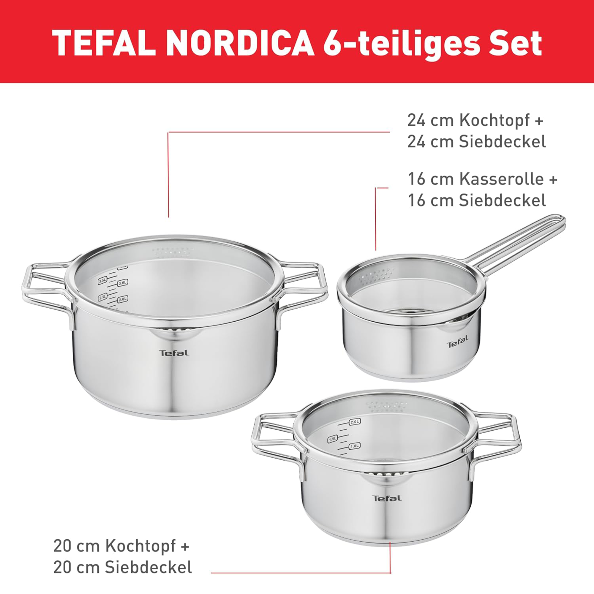 Tefal H852S3 Nordica 6-teiliges Topfset | bestehend aus Stielkasserolle 16 cm inkl. Deckel und Kochtöpfe 20/24 cm