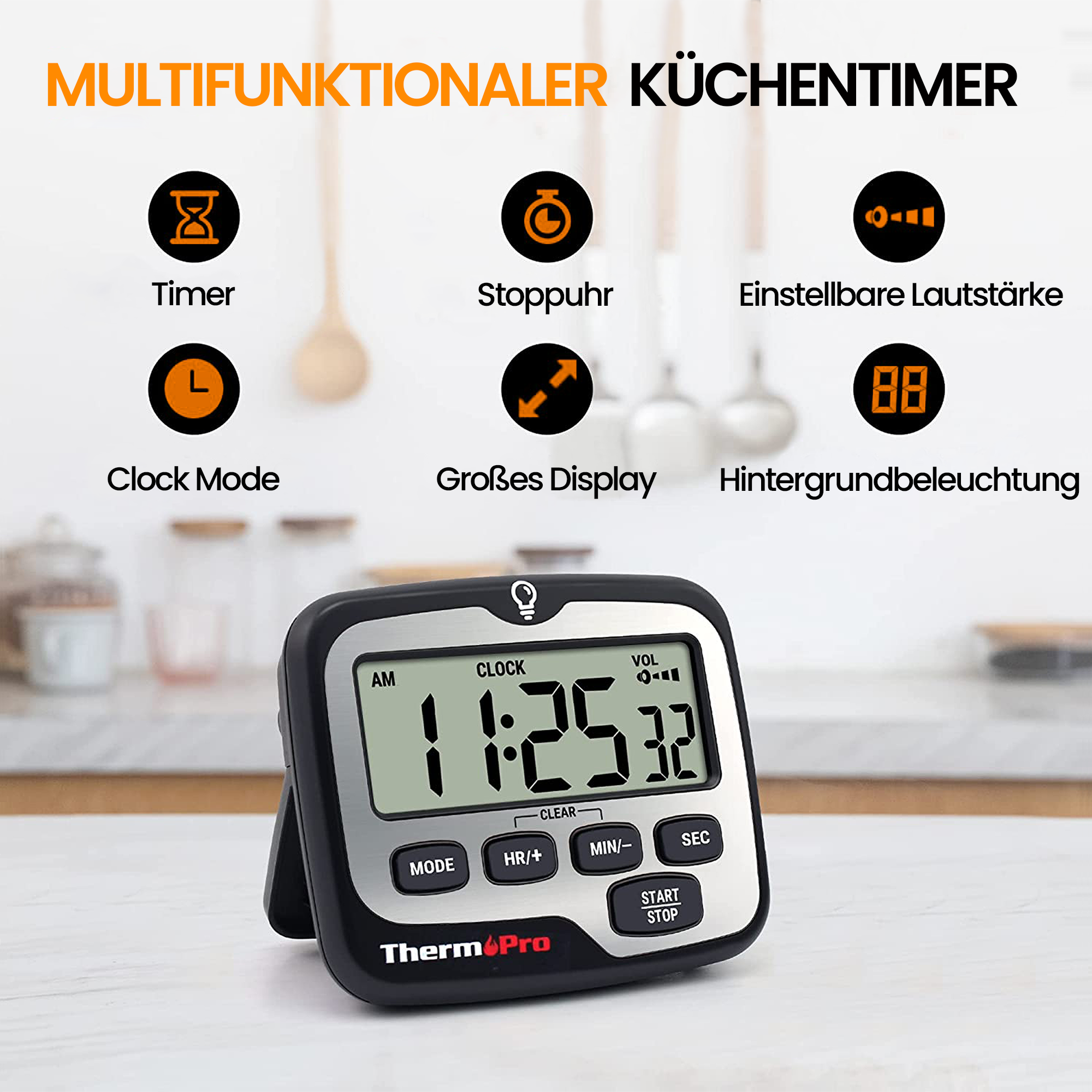 ThermoPro TM01 Küchentimer Kurzzeitmesser Eieruhr mit Uhrzeit Digitaler Timer und Stoppuhr bis 99 Std, 99 min, 59 sek, Alarm Volumen Einstellbar, Magnetaufhängung, Batterien inklusive