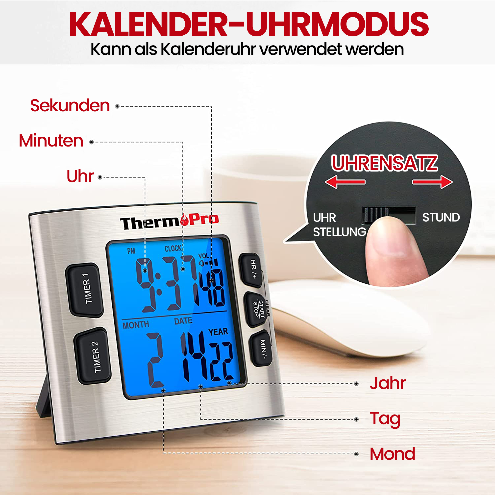 ThermoPro TM02 Digitaler Küchentimer mit Dual-Countdown-Stoppuhr, magnetischer Timer mit verstellbarem lautem Alarm und Hintergrundbeleuchtung