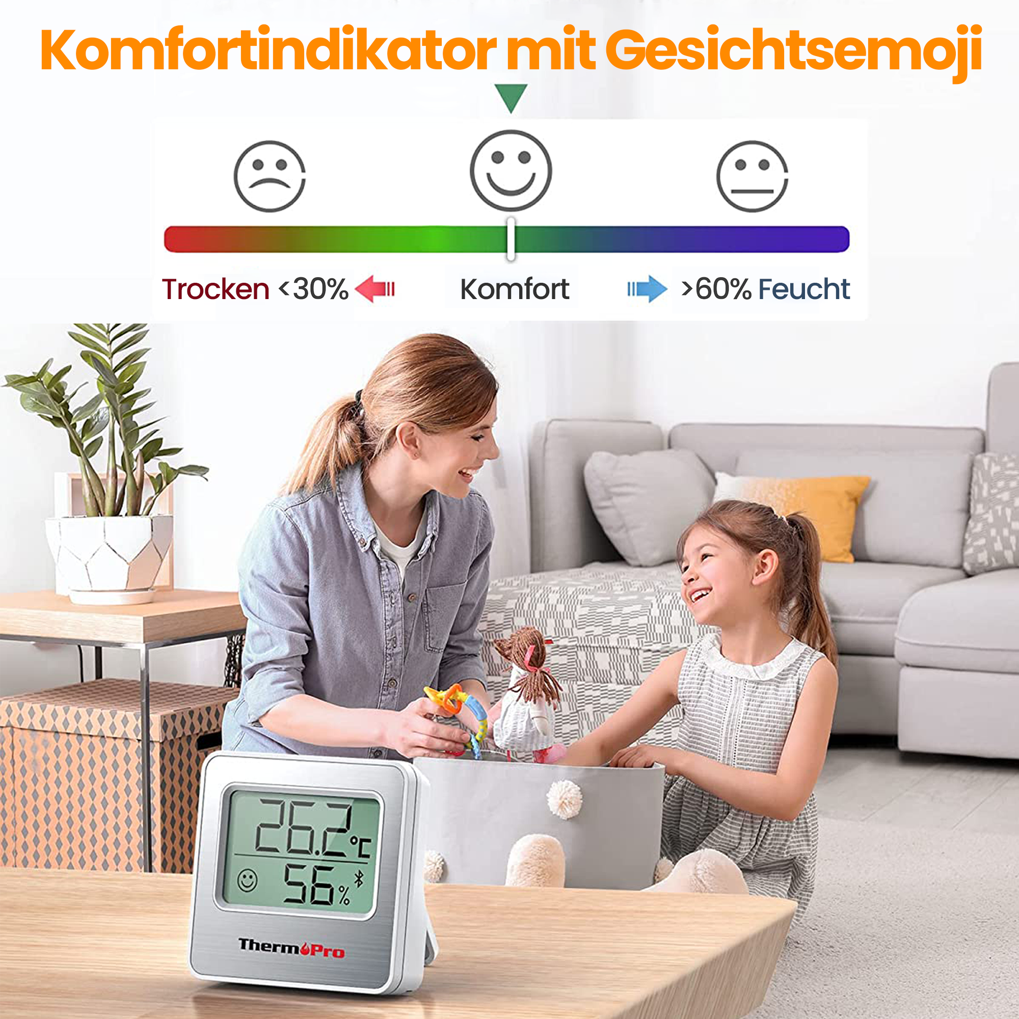 ThermoPro TP357 80m Bluetooth Hygrometer Innen Raumthermometer Digital mit APP Mini Luftfeuchtigkeitsmesser mit Smiley-Indikator Datengrafik für Innenraum, Büro, Weinkeller, Gewächshaus