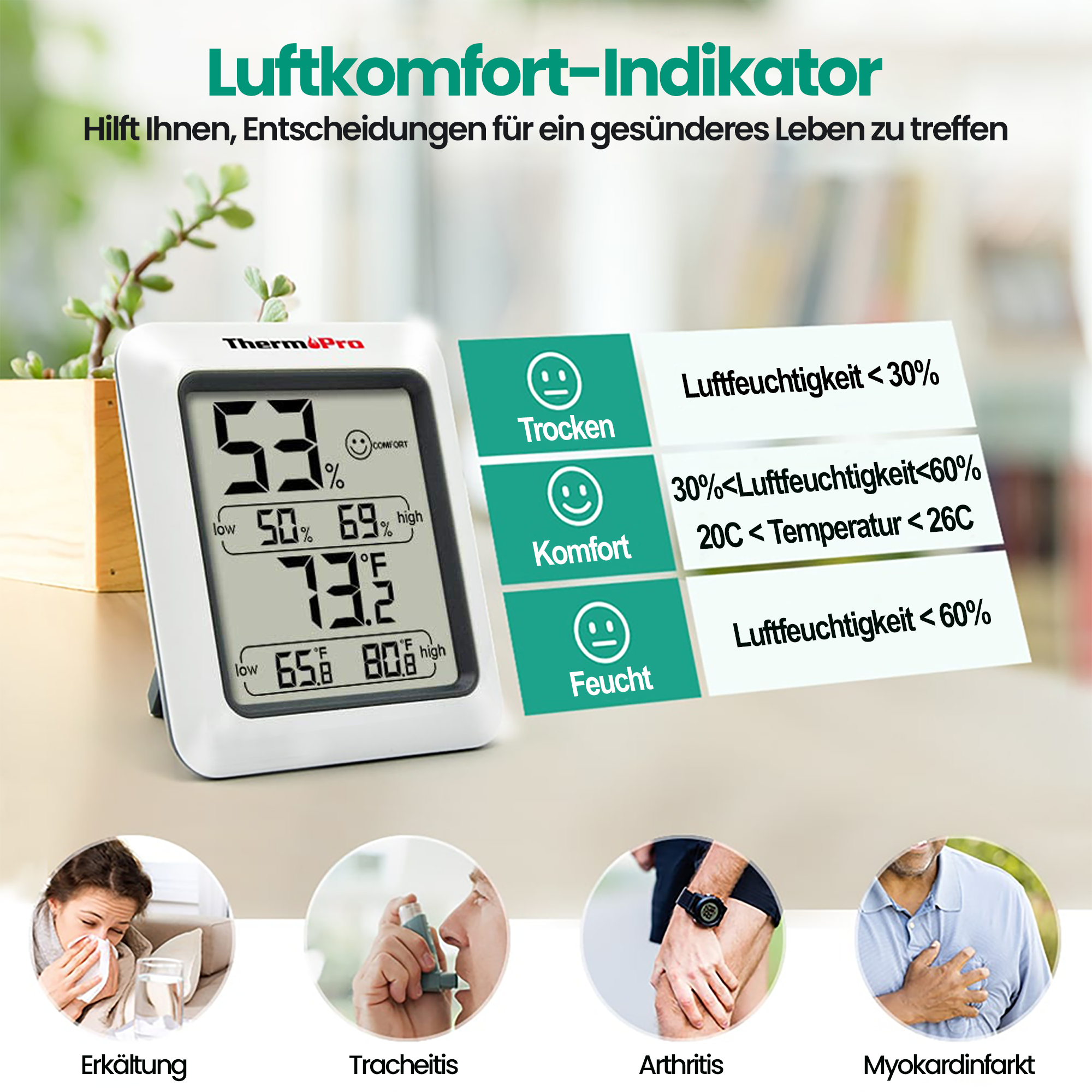 ThermoPro TP50 digitales Thermo-Hygrometer Innen Thermometer Raumthermometer mit Aufzeichnung und Raumklima-Indikator für Raumklimakontrolle Klima Monitor