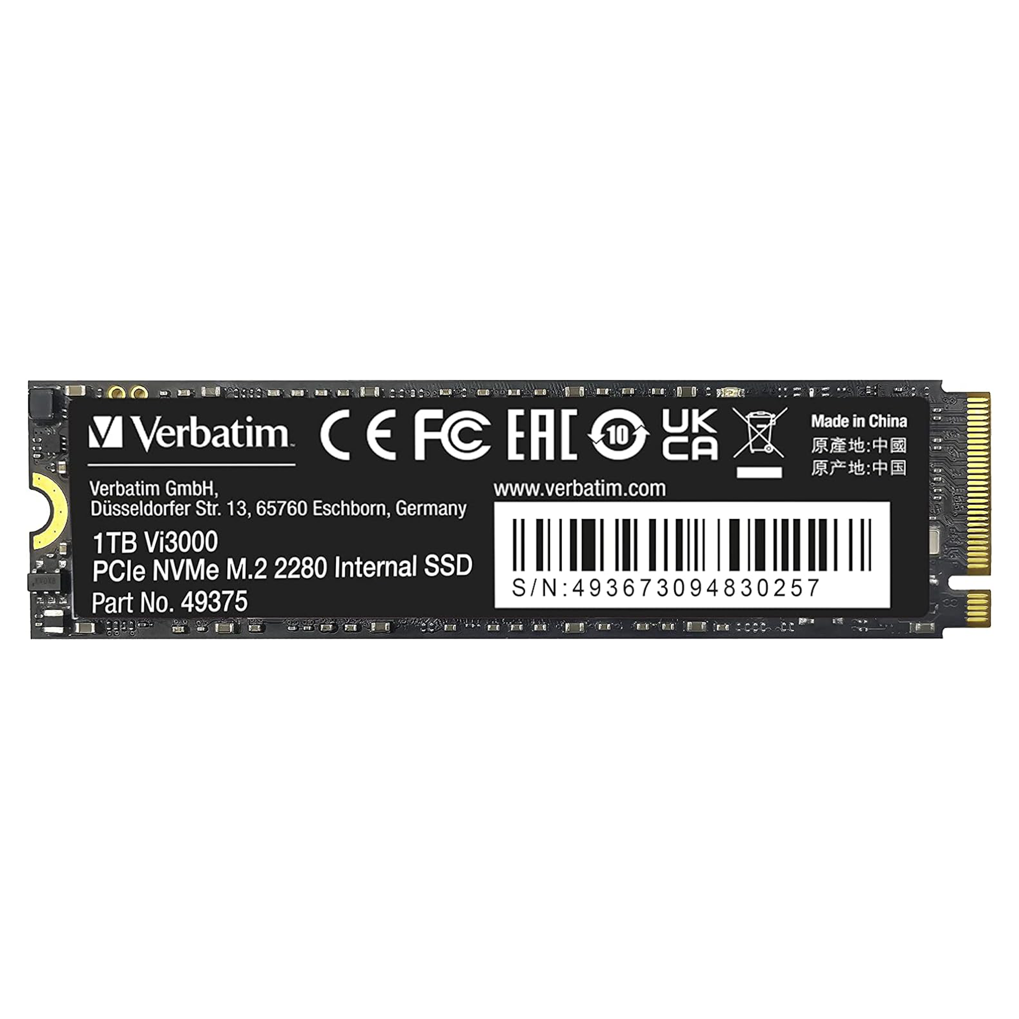 Verbatim Vi3000 NVMe M.2 Internal SSD, internes SSD-Laufwerk mit 1 TB Datenspeicher, Solid State Drive mit PCIe Gen 3 Schnittstelle, schwarz