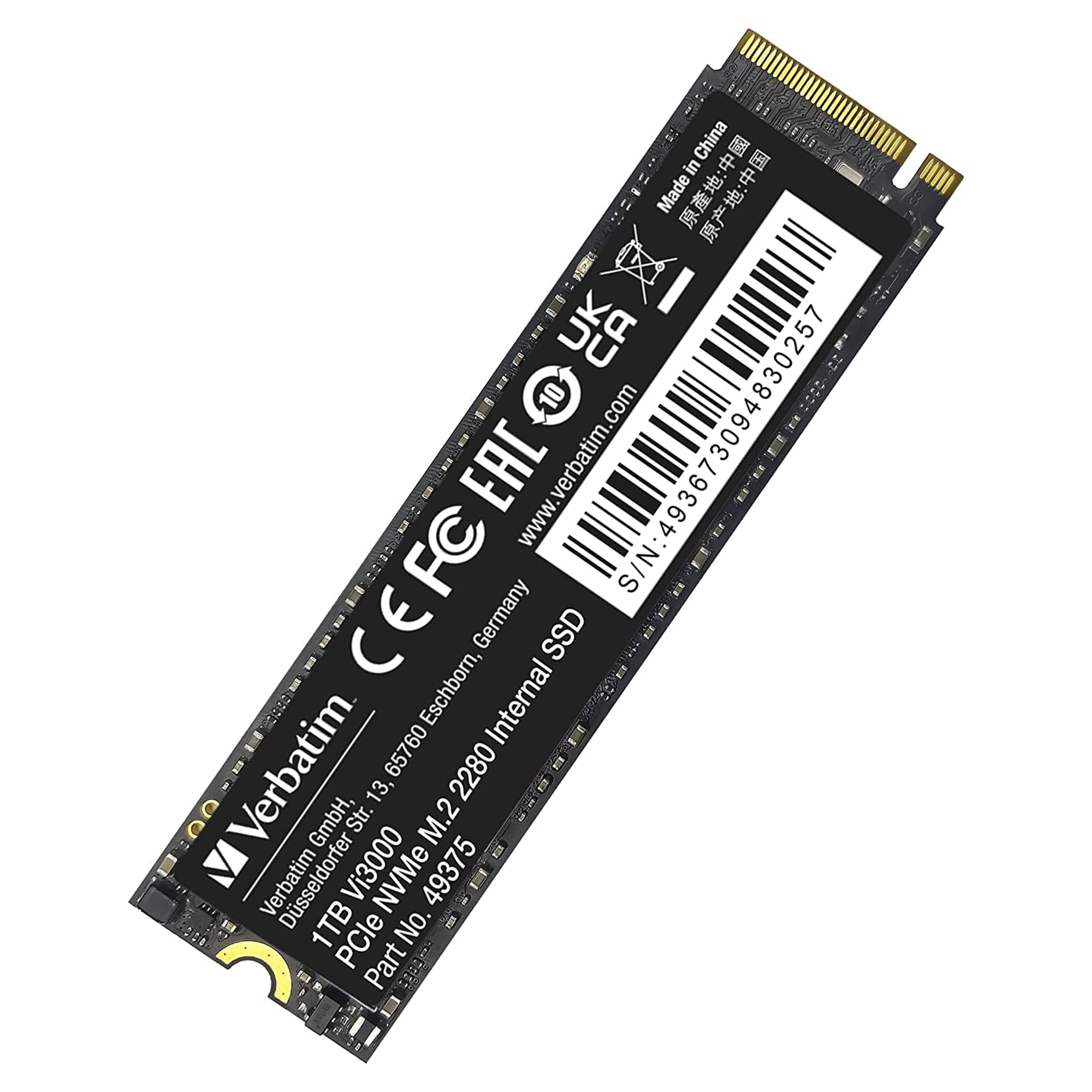 Verbatim Vi3000 NVMe M.2 Internal SSD, internes SSD-Laufwerk mit 1 TB Datenspeicher, Solid State Drive mit PCIe Gen 3 Schnittstelle, schwarz