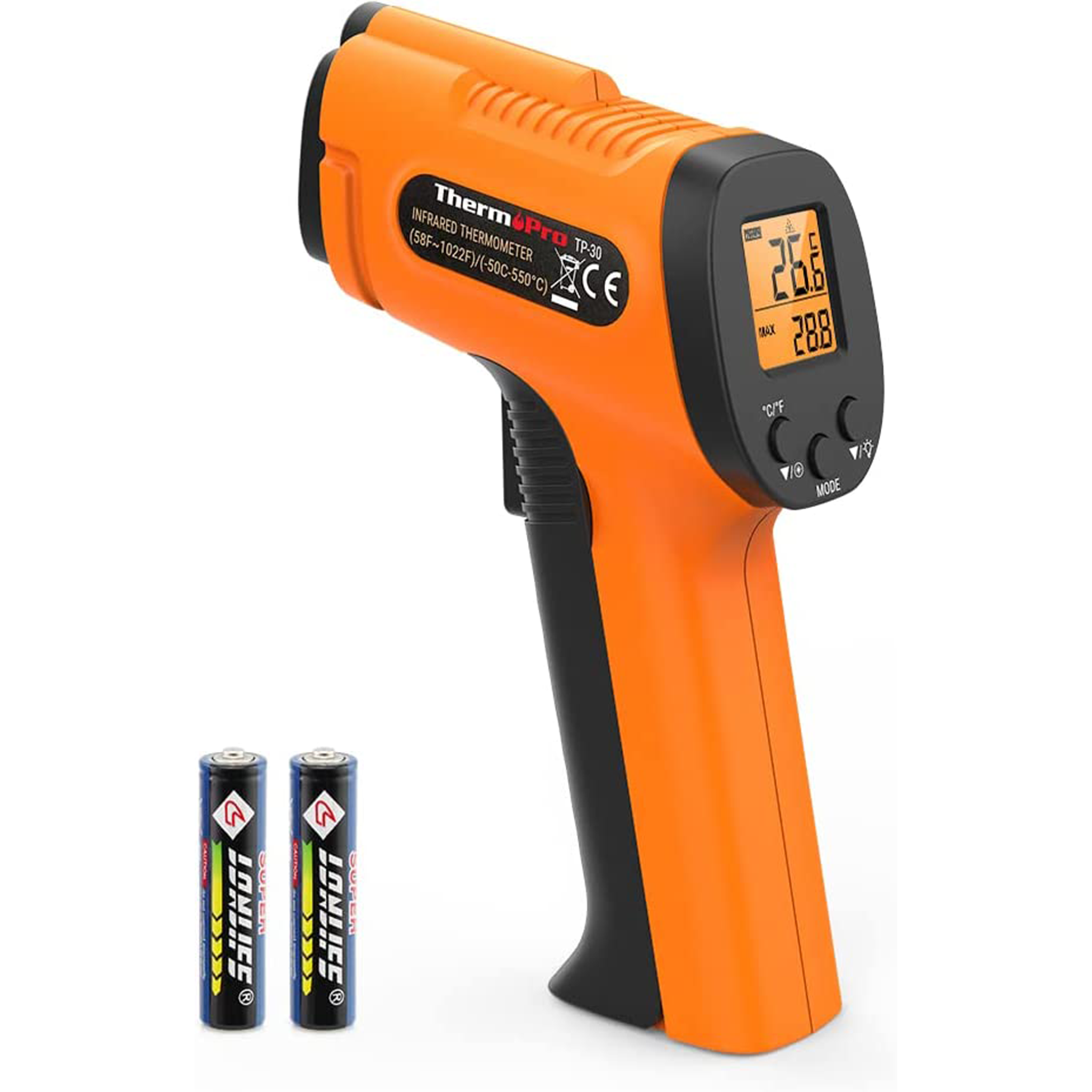 ThermoPro TP30 Infrarot Thermometer Digital Laser Temperaturmessgerät -50°C ~ 550°C Emissionsgrad einstellbar MAX/MIN/AVG-Messwerte (NICHT für Mensch) Ideal für Klimaanlage, Automotor, Bodenheizung